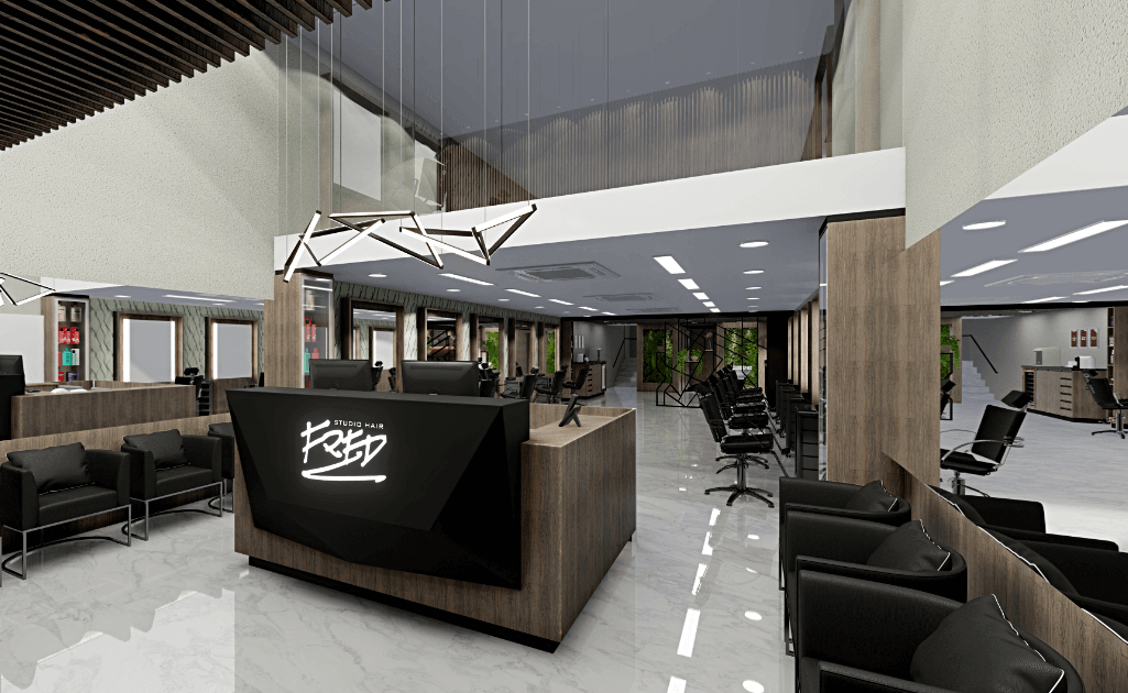 Projeto de retrofit para salão de beleza com design contemporâneo, integrando elementos arquitetônicos modernos como iluminação embutida, pé-direito ampliado e materiais nobres. Transformação que preserva a funcionalidade comercial enquanto revitaliza completamente o ambiente.