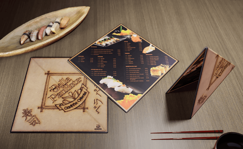 Design de logotipos exclusivos para alta gastronomia – criação do logo e cardápio da cozinha japonesa da padaria Bela Paulista, com conceito inspirado em origami e sofisticação oriental